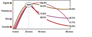 Gráfico que mostra níveis de Q10 no tecido muscular cardíaco em diferentes fases da vida